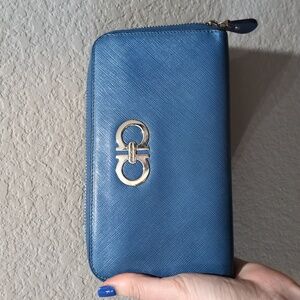 Salvatore Ferragamo Denim-Blue Color  Gancini Zip Around Saffiano Leather Wallet